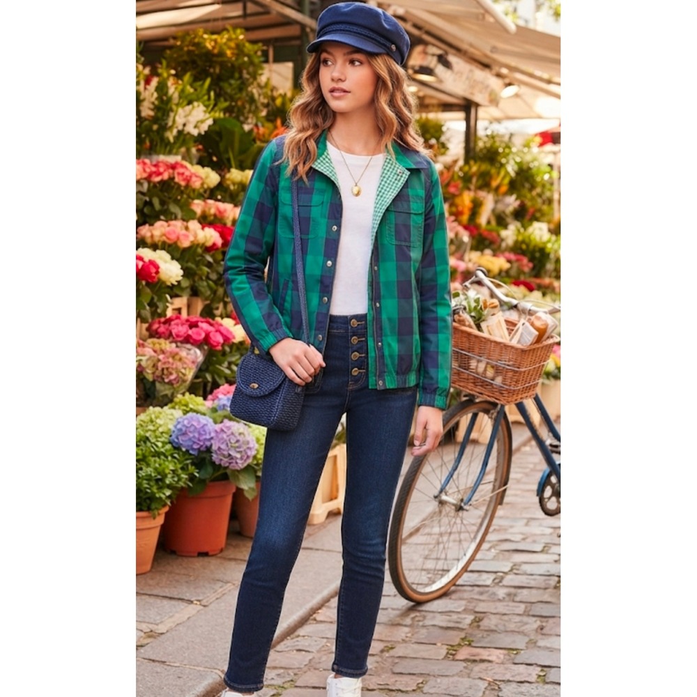 Cat & Jack Girls Green Navy Buffalo Plaid Windbreaker Jacket L 12/14 Gingham